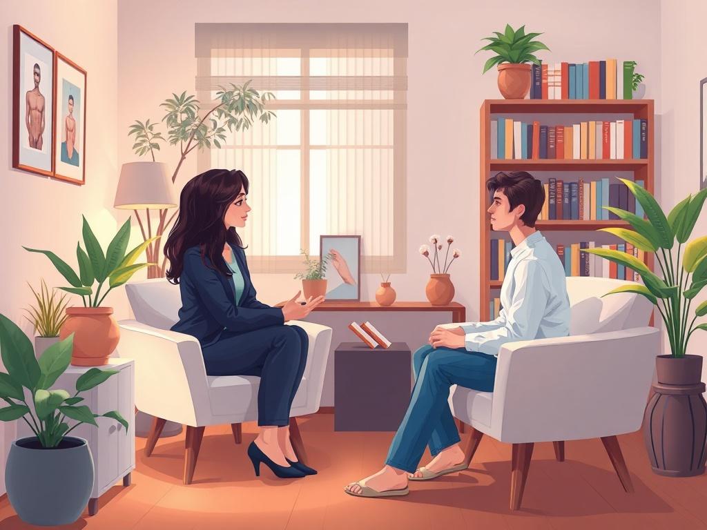 A serene and inviting therapy room with soft lighting and comfortable seating. In the foreground, a therapist is engaged in an active conversation with a client, showcasing attentive listening and empathy. The background features calming elements like plants, artwork, and a bookshelf filled with psychology books. The color palette should incorporate warm tones and the #CFB07C primary color, creating a soothing atmosphere.