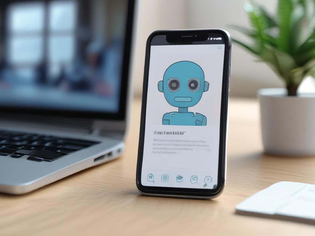 A close-up shot of a sleek smartphone displaying a chatbot interface, surrounded by a modern workspace. The screen shows a friendly conversation between the chatbot and a user, emphasizing ease of use and interaction.
