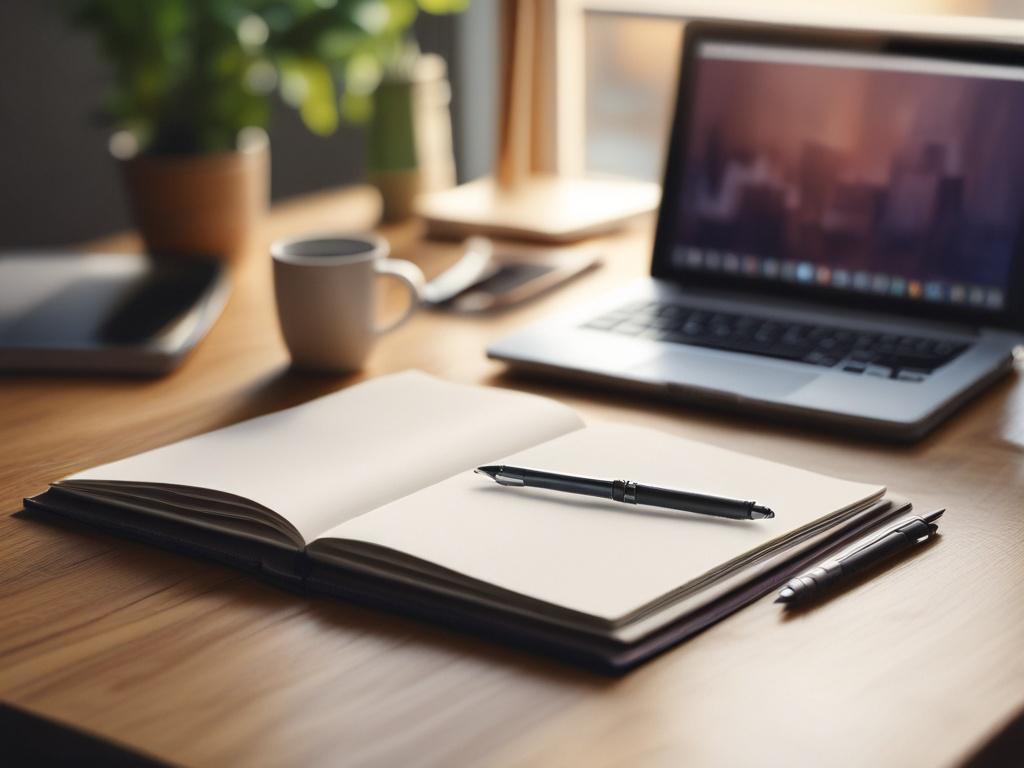 A close-up shot of a well-organized desk featuring a laptop, open notebook, and a pen, all in a bright, inviting workspace. The background is softly blurred to emphasize the focus on the writing tools.