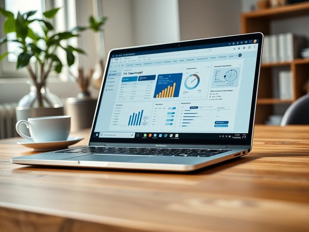 A close-up shot of a sleek, modern laptop open on a wooden desk, with a clean interface displaying a sophisticated software application related to IT business management. The background is softly blurred, showcasing a cozy office space with a plant and a coffee cup, creating a warm and inviting atmosphere. The lighting is bright and natural, emphasizing the laptop's design.