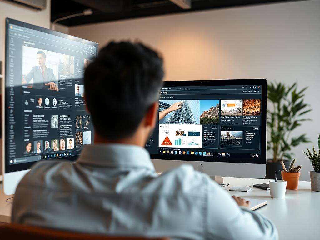 A hyper-realistic close-up shot of a modern workspace featuring a creative professional designing a website on a high-resolution monitor. The background should be simple and uncluttered, with soft lighting that highlights the focus on technology and creativity. The scene should evoke a sense of innovation and professionalism, emphasizing the use of AI in web design. The color palette should include the primary color rgb(50, 170, 39) to create a cohesive visual theme.