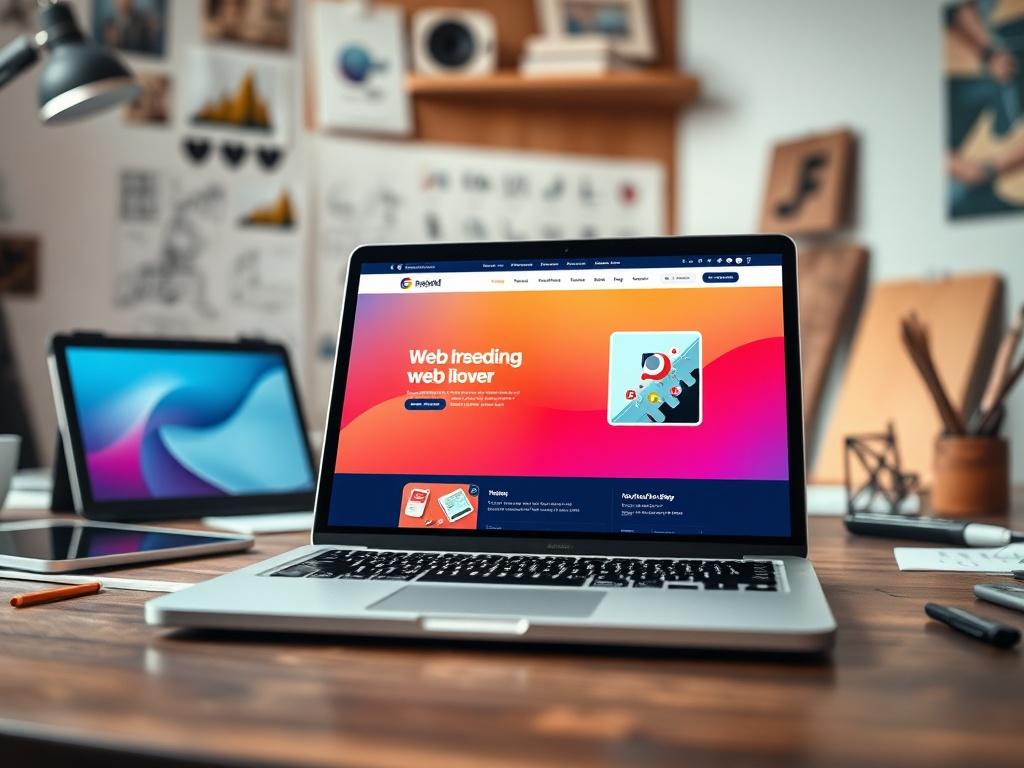 A hyper-realistic close-up shot of a modern, sleek website design displayed on a laptop in a creative workspace, showcasing vibrant colors and user-friendly interface. The background features subtle hints of technology, like a digital tablet and design sketches, with a focus on the laptop screen. The image captures the essence of innovation in web design, emphasizing clarity and creativity.