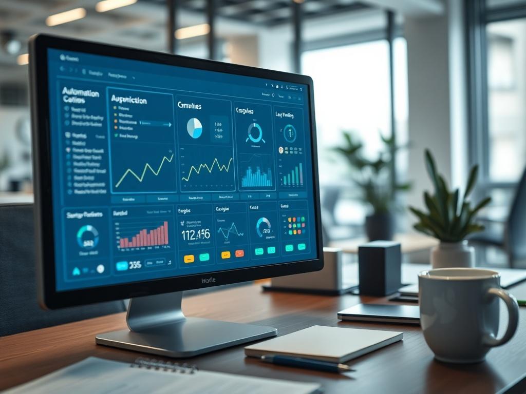 A hyper-realistic close-up shot of a digital interface displaying automation workflows on a computer screen in a modern office environment. The design is clean and professional, with graphs and icons indicating efficiency. The background should subtly highlight office elements like a notepad and a coffee cup, creating a productive atmosphere.