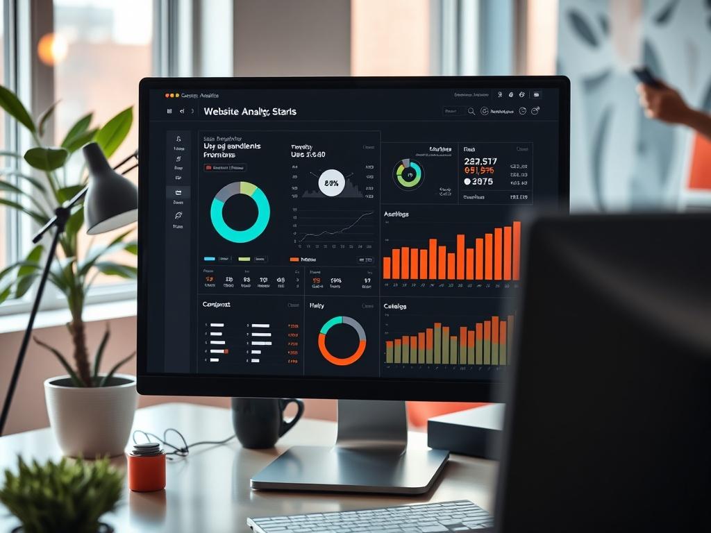 A hyper-realistic close-up shot of a website analytics dashboard on a computer monitor in a bright office space. The screen displays charts and data visualizations that highlight user engagement metrics. The background features elements like a plant and a stylish desk lamp, contributing to a vibrant workspace.