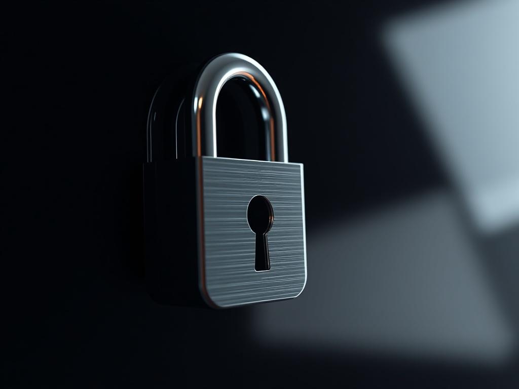 A close-up shot of a modern digital lock symbolizing web security, set against a sleek, dark background. The lock should be rendered in hyper-realistic detail, with highlights and shadows creating depth. The composition should be simple and clear, focusing solely on the lock, capturing its metallic texture and reflective surfaces.