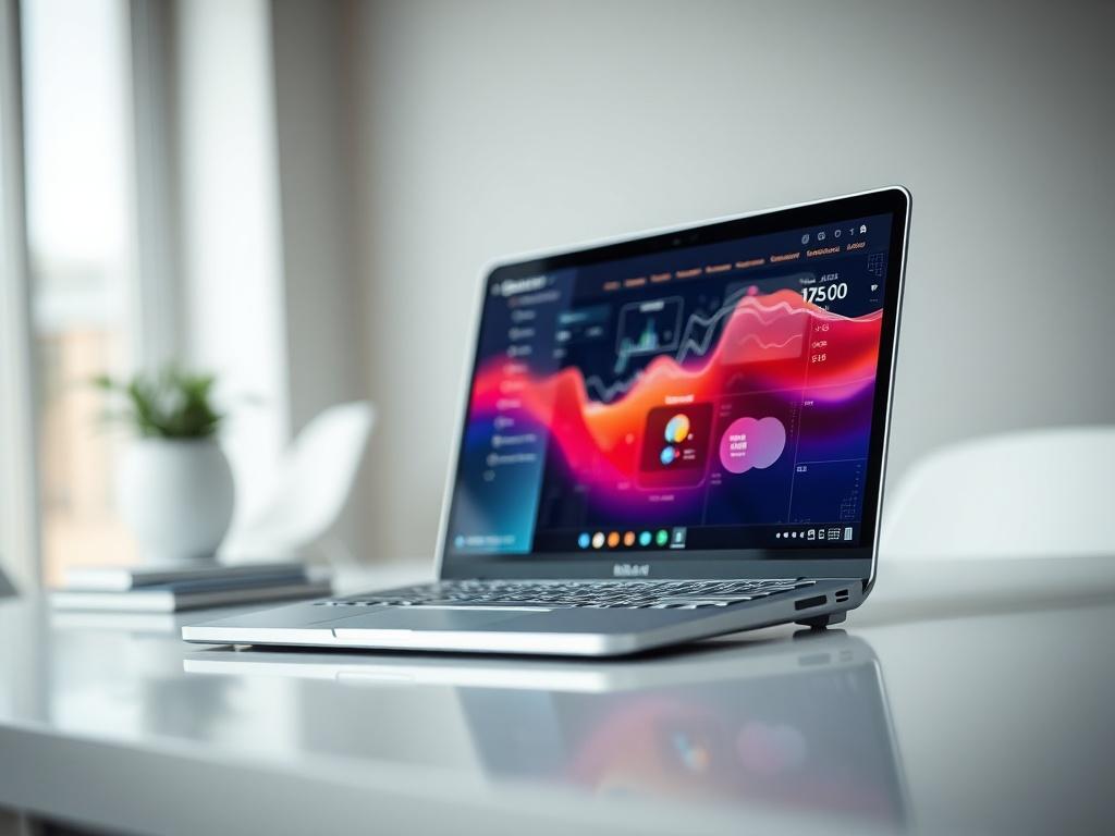 **AI Image Generation Prompt:**

Create a realistic high-resolution photo that embodies the theme of the blog titled "The Future of Web Design: How Artificial Intelligence Is Transforming Automation and Security." The image should feature a single subject: a sleek, modern laptop displaying a dynamic and visually engaging web design interface. The laptop should be placed at the center of the composition, showcasing a vibrant user interface that highlights elements of AI-driven design, such as graphs, charts,