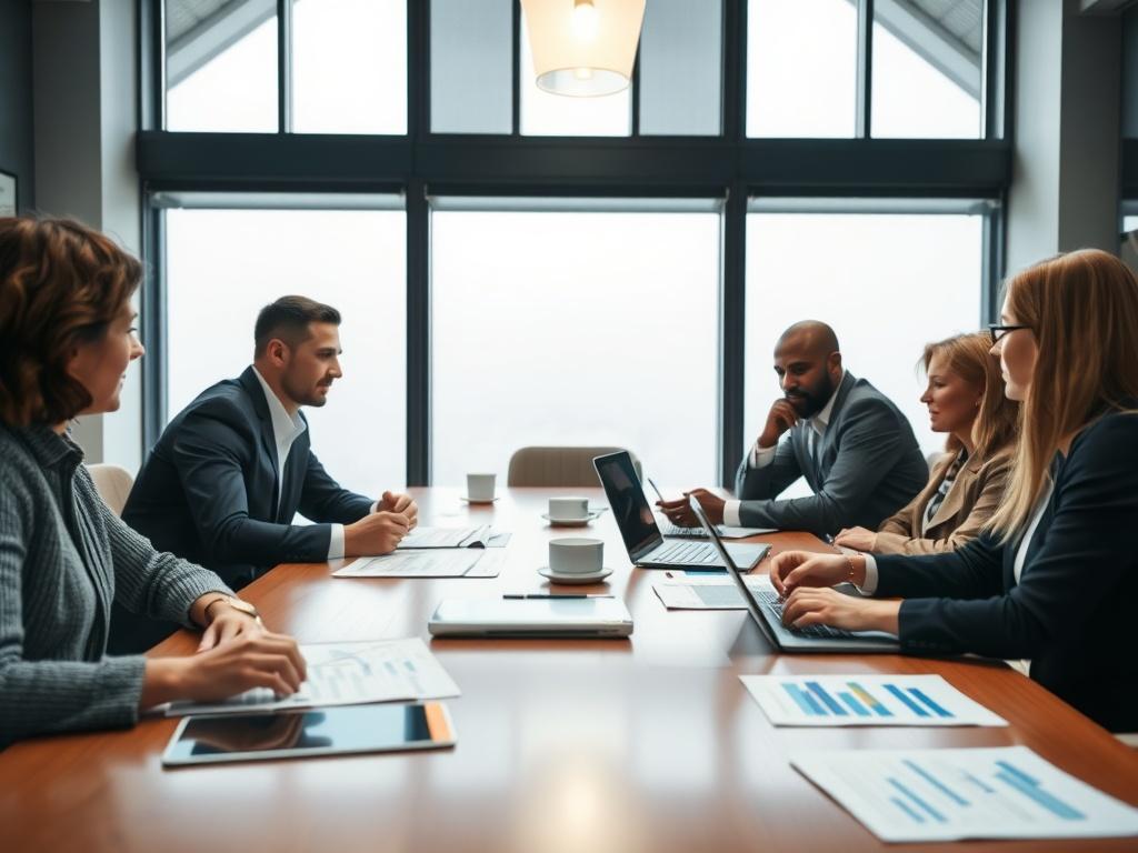 A high-resolution close-up shot of a boardroom table during a meeting. The scene features a diverse group of professionals deep in discussion, with charts and digital devices like laptops and tablets scattered across the table. The background shows a large window with natural light illuminating the room, creating a collaborative atmosphere. The focus should be on the engagement and interaction of the participants, showcasing teamwork and strategic conversation.