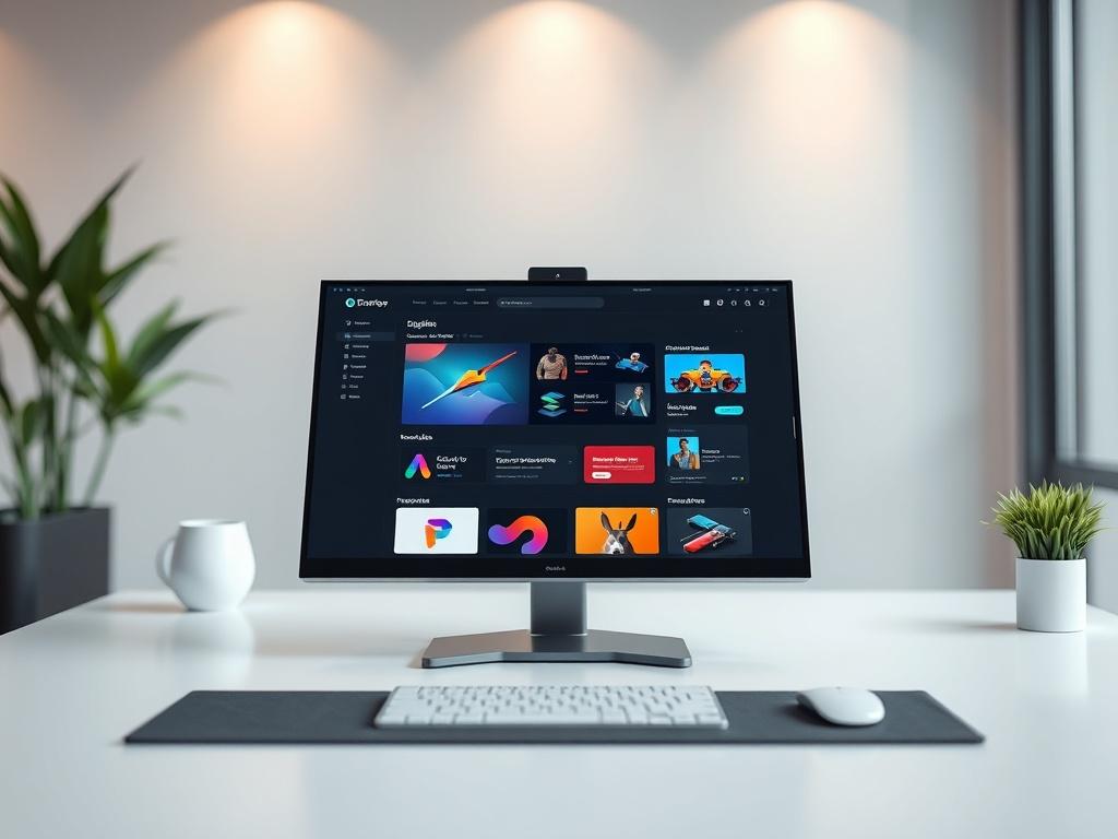 A sleek, modern digital product interface displayed on a high-resolution screen. The product is a sophisticated AI-driven website design tool. The background is a minimalistic workspace with soft lighting, emphasizing the product's cutting-edge technology and user-friendly design. The focus is on the tool's interface, showcasing its intuitive features and vibrant color scheme, which aligns with the primary color rgb(4, 104, 120). The image should convey innovation and creativity.