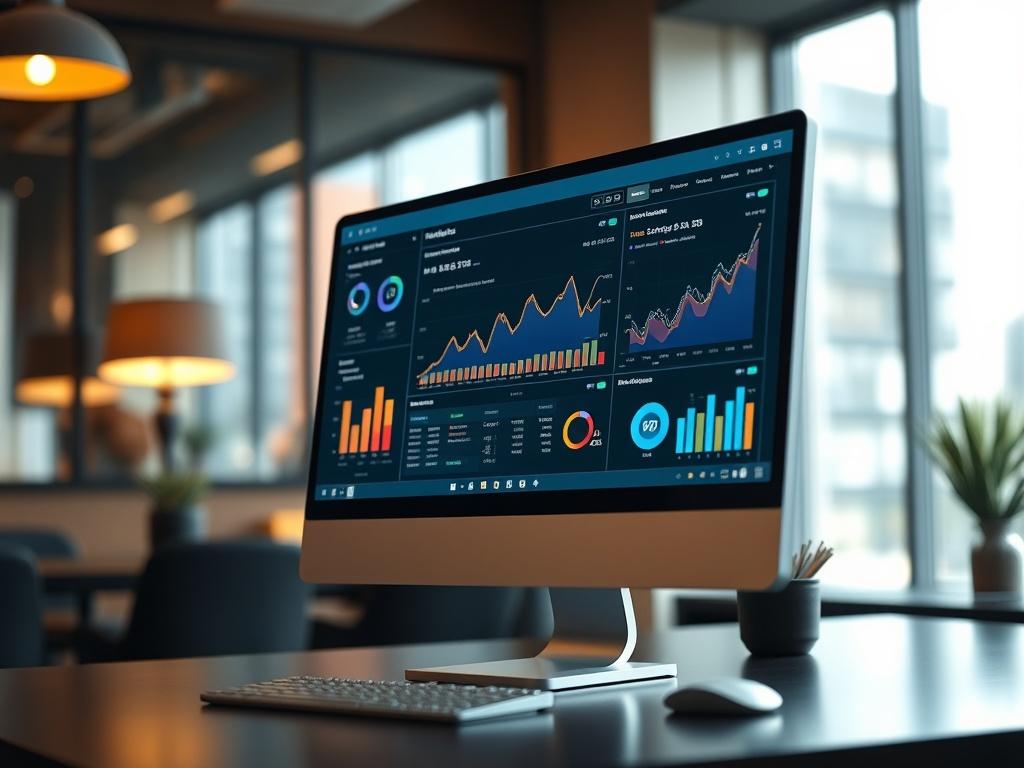 A detailed close-up of a desktop computer displaying a sophisticated analytics dashboard, capturing crucial user data insights. The desktop is set in a stylish office environment, with a focus on the screen's vibrant graphics. The background should be slightly blurred to keep attention on the computer, and the lighting should create a professional ambiance, highlighting the dashboard's features while incorporating the primary color rgb(4, 104, 120) in subtle ways.