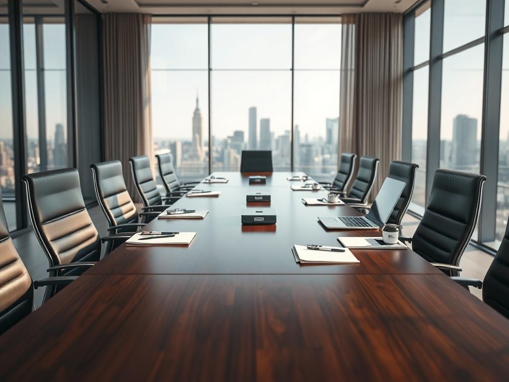 A close-up shot of a modern boardroom table set for a meeting. The table is sleek and made of dark wood, with high-end office chairs around it. On the table, there are open laptops, notepads, and pens neatly arranged. A large window in the background lets in natural light, showcasing a city skyline. The focus is on the table setup, emphasizing professionalism and collaboration, shot with a 45mm f/1.2 lens.