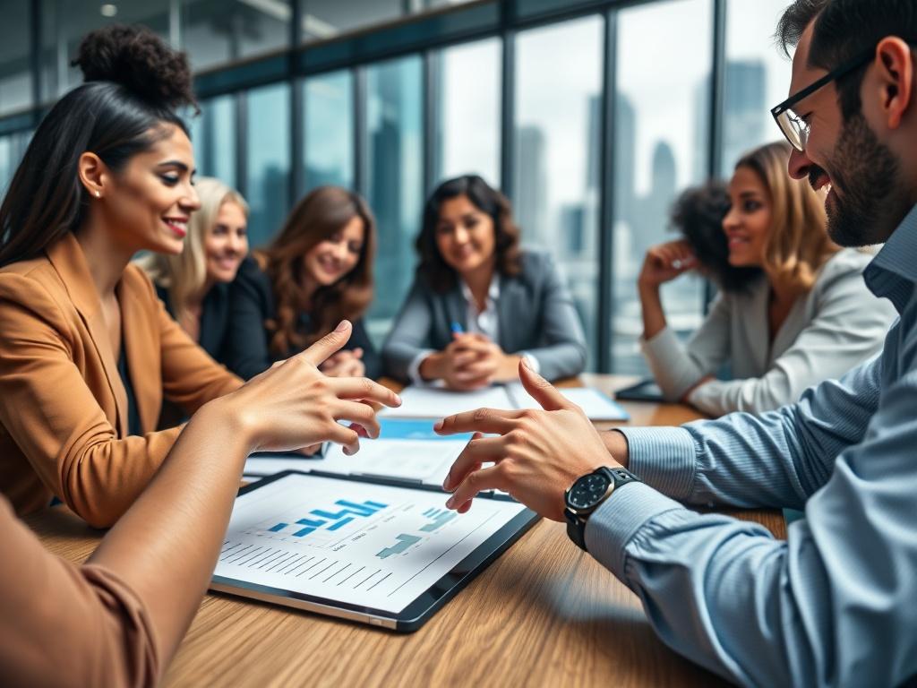 A close-up shot of a business meeting in a modern office, showcasing a diverse group of professionals discussing investment opportunities. The focus is on hands gesturing over a laptop with charts and graphs, conveying a sense of collaboration and strategic planning. The background features a glass window with a cityscape view, emphasizing a professional atmosphere.