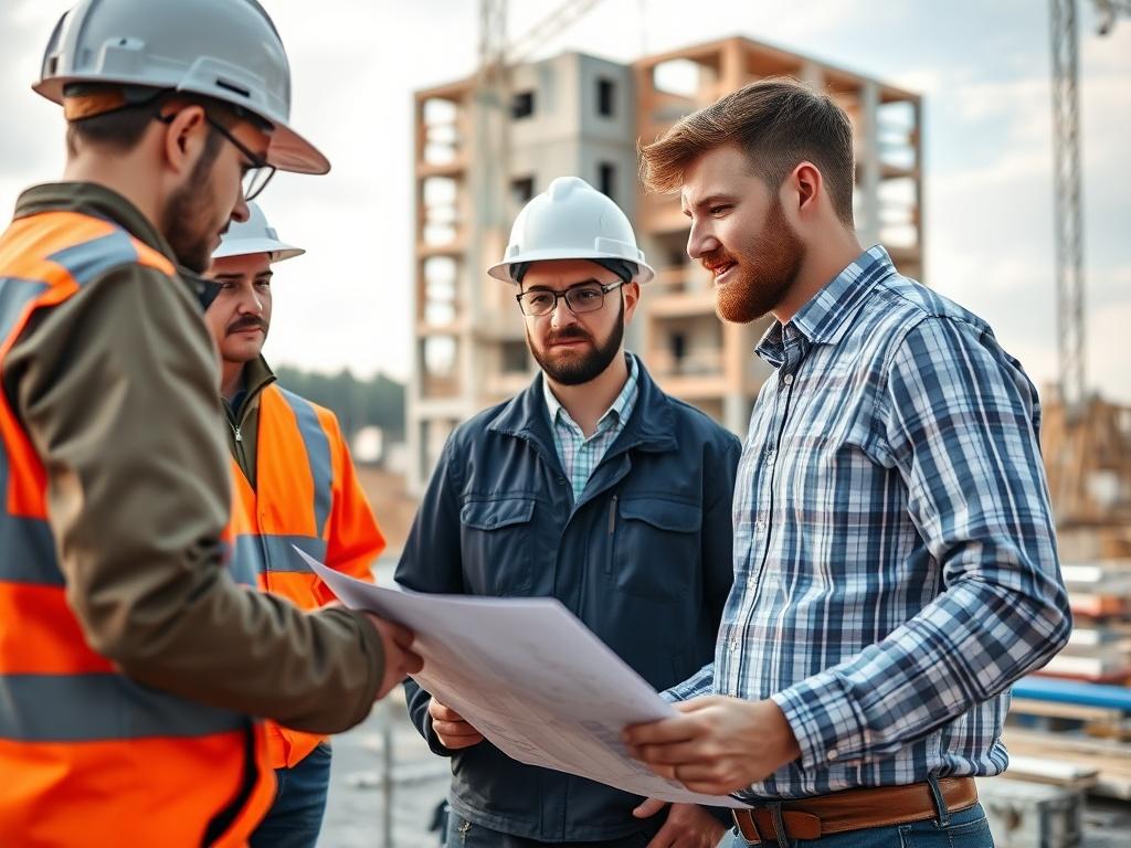 A close-up shot of a project manager discussing blueprints with a team in a construction site, surrounded by building materials and equipment. The background showcases a partially constructed building, symbolizing progress and collaboration.