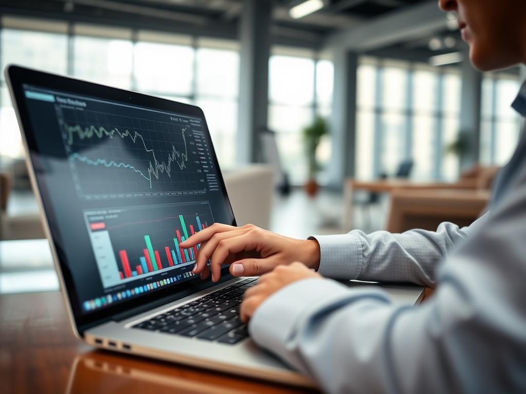 A close-up shot of a financial analyst reviewing market trends on a laptop, with graphs and charts displayed. The background features a modern office setting with natural light, emphasizing a professional and focused atmosphere.