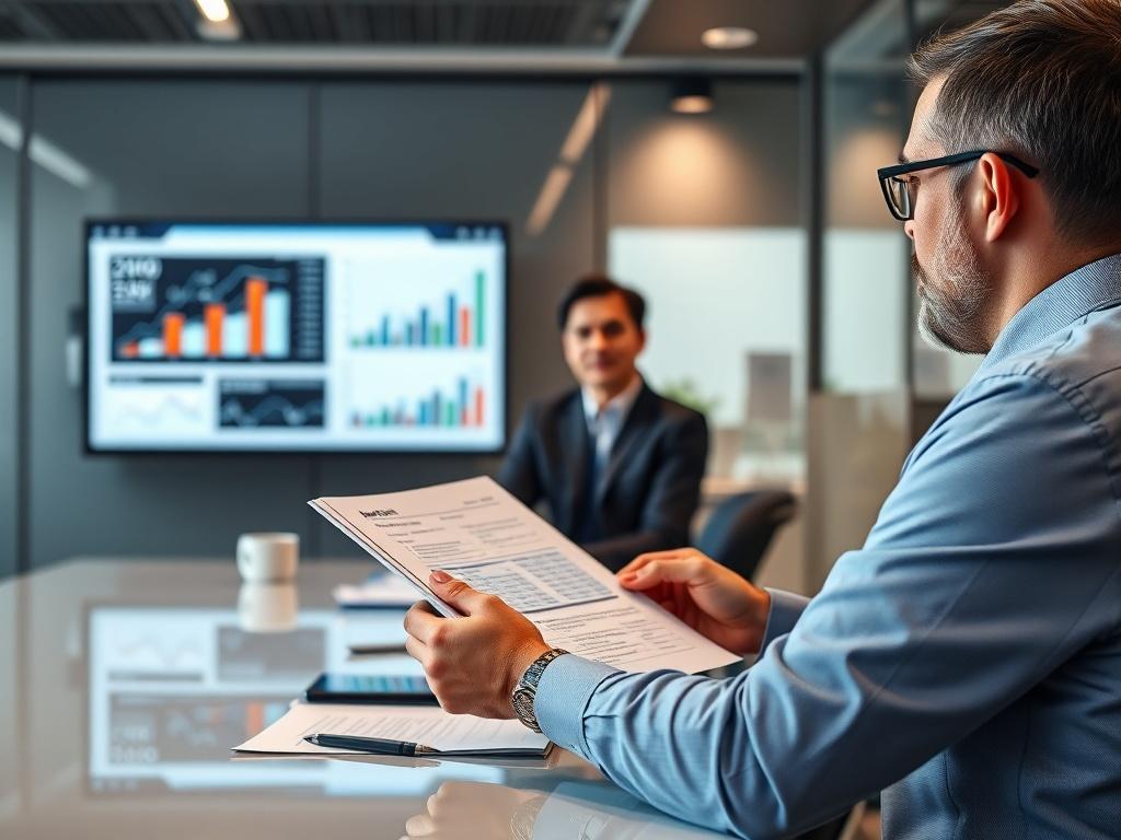 A close-up shot of a strategic consultant presenting a detailed report to a business executive in a sleek conference room, with charts and data visualizations on the screen. The background conveys a modern corporate environment, reflecting professionalism and strategic focus.