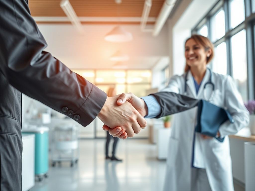 A close-up of a handshake between two business professionals in a bright, modern healthcare office. The background features medical equipment and a welcoming reception area, illustrating a sense of collaboration and professionalism. Natural light streams in, creating an optimistic and engaging atmosphere.