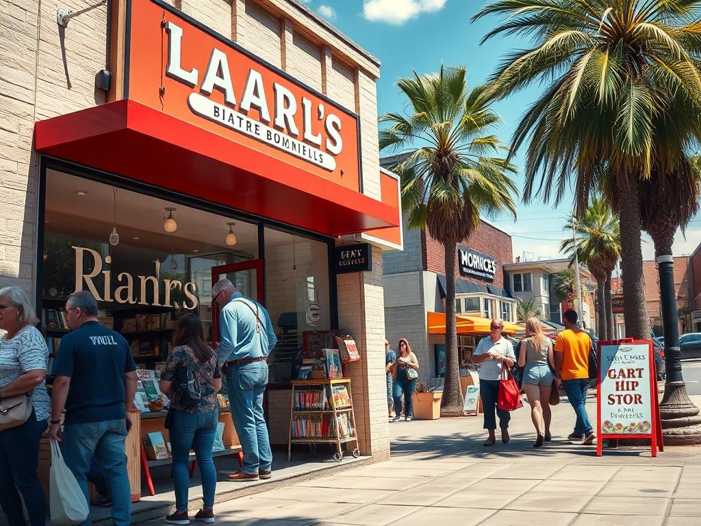 A high-resolution image focusing on a local business storefront bustling with customers. The front displays a vibrant sign and window showcasing products. People are engaged in shopping and interacting, creating a lively atmosphere. The background shows a sunny day with blue skies, enhancing the inviting feel of the business.