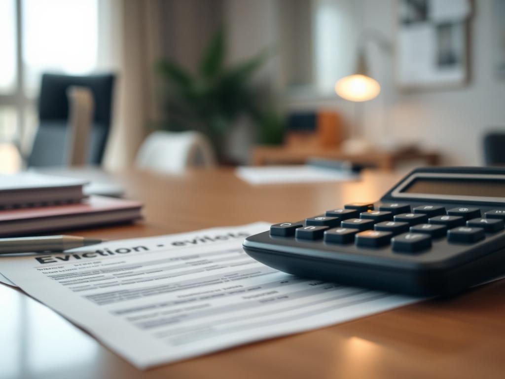 A close-up shot of a calculator and eviction paperwork on a desk, symbolizing cost-effectiveness. The background features a stylish office space, with soft lighting that conveys a sense of financial control and planning.