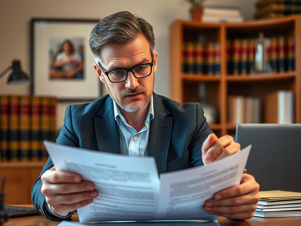 A close-up shot of a landlord reviewing eviction documents, looking confident and focused. The background is a well-organized office space with legal books and a laptop. The lighting is warm and inviting, highlighting the landlord's determination to succeed.