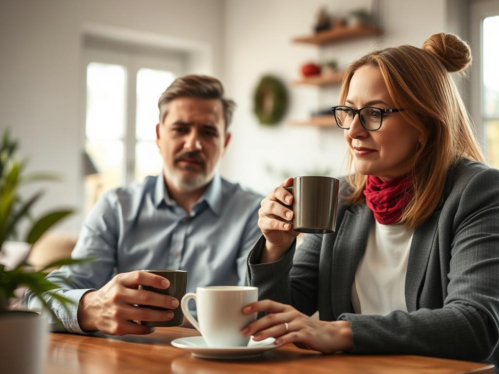 A close-up shot of a landlord and advisor discussing eviction strategies over coffee, conveying warmth and collaboration. The background features a cozy meeting space, with natural light enhancing the supportive atmosphere.