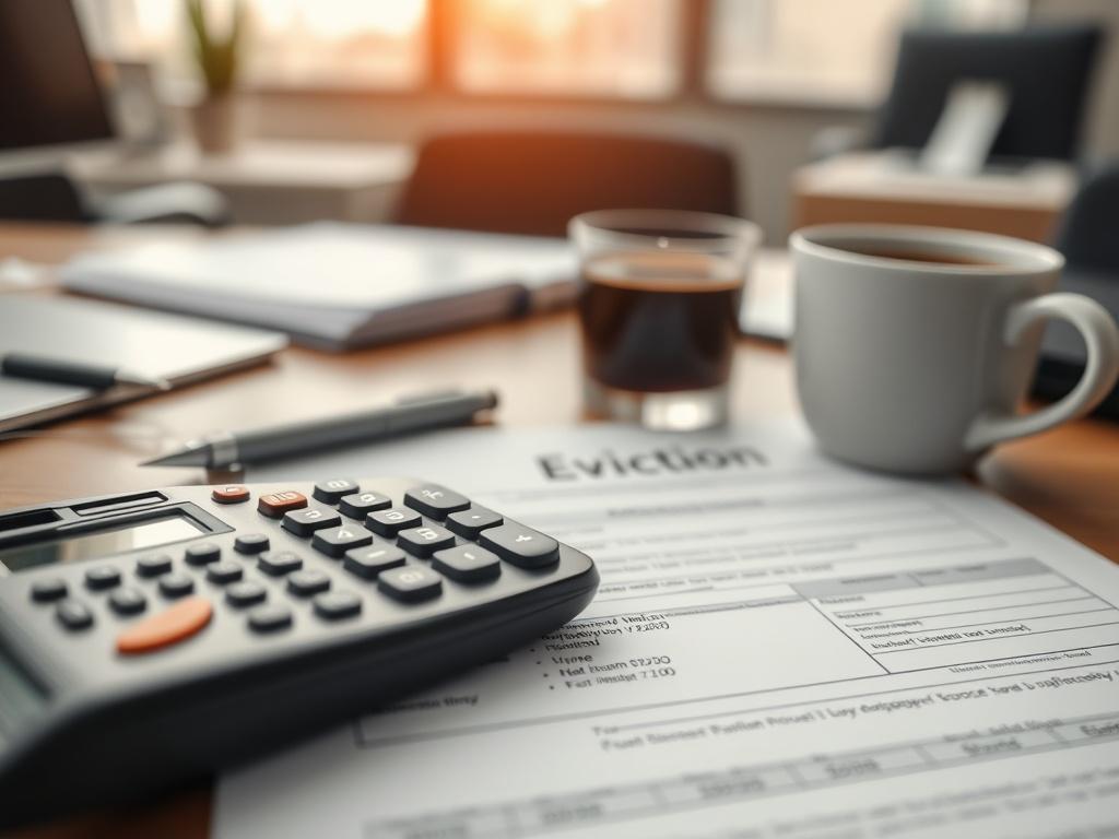 Close up of a calculator, eviction paperwork, and a cup