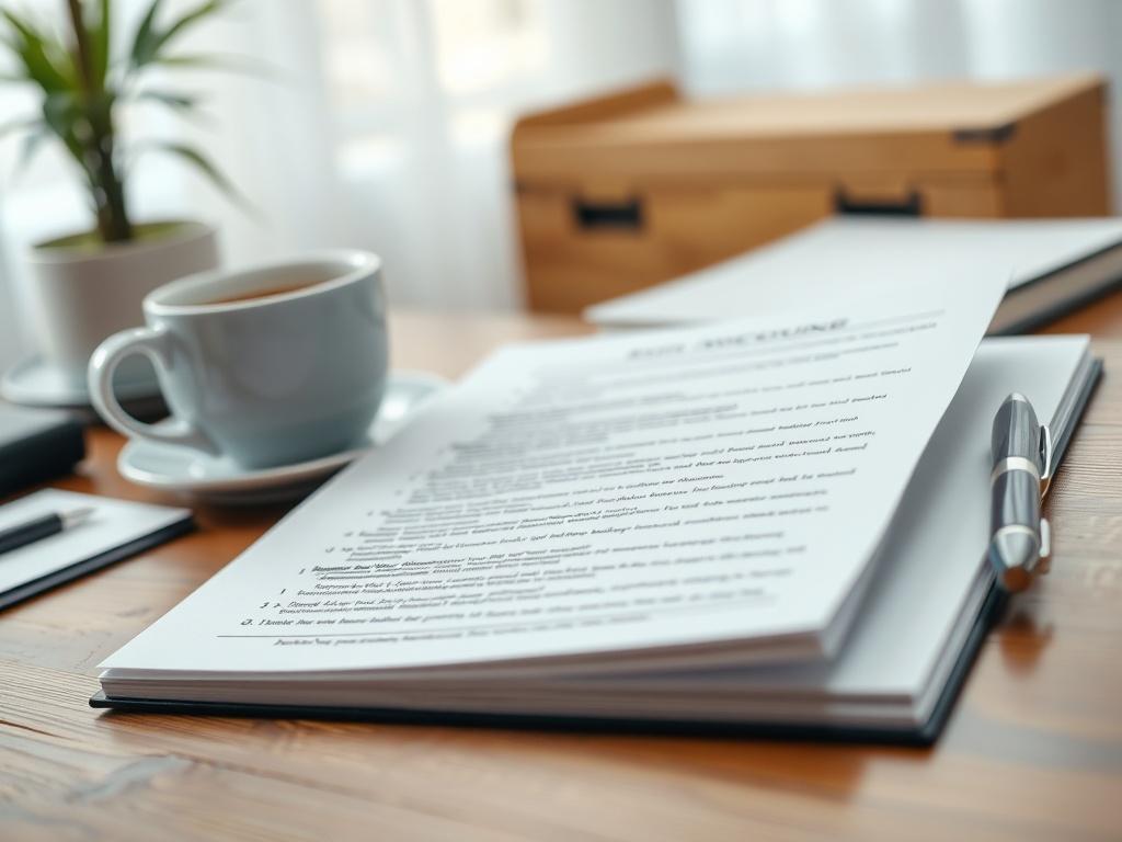 A close-up shot of a well-organized eviction process guide on a wooden desk. The guide should be open, displaying clear headings and bullet points, with a coffee cup and a pen beside it. The background should be softly blurred to keep the focus on the guide.