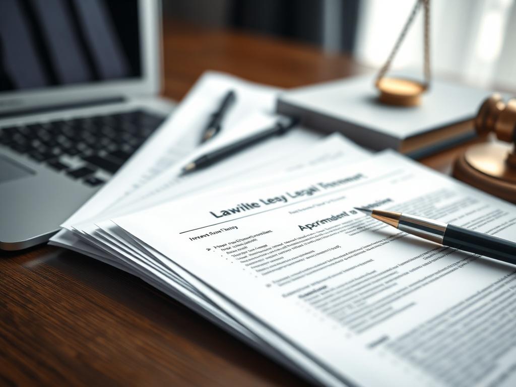 A close-up shot of printed landlord legal templates neatly arranged on a desk, with a laptop and a legal book in the background. The templates should have visible headings and bullet points. The scene should convey professionalism and organization.