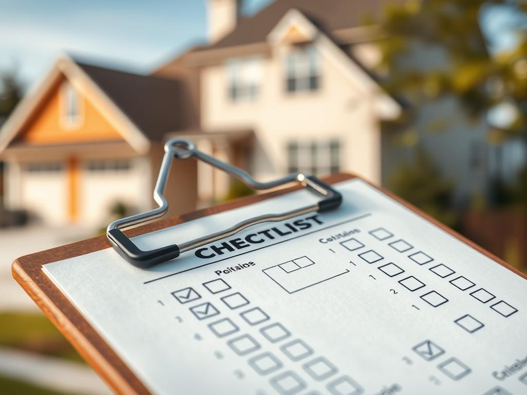 A close-up shot of an eviction checklist with checkmarks on a clipboard, set against a backdrop of a rental property. The checklist should be clearly visible, emphasizing its organized layout. The background should be softly blurred, focusing on the checklist.