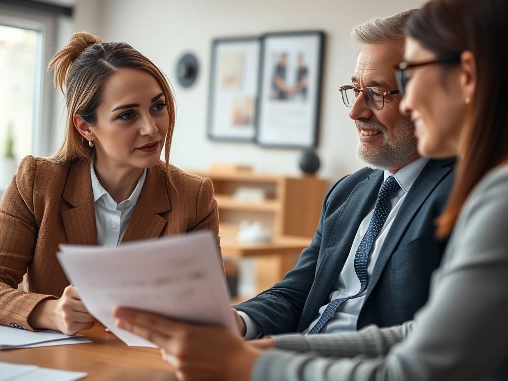 A professional setting with a landlord and a case manager discussing eviction paperwork, with a warm and welcoming atmosphere, shot in a hyper-realistic style with a close-up focus on their engaged expressions.
