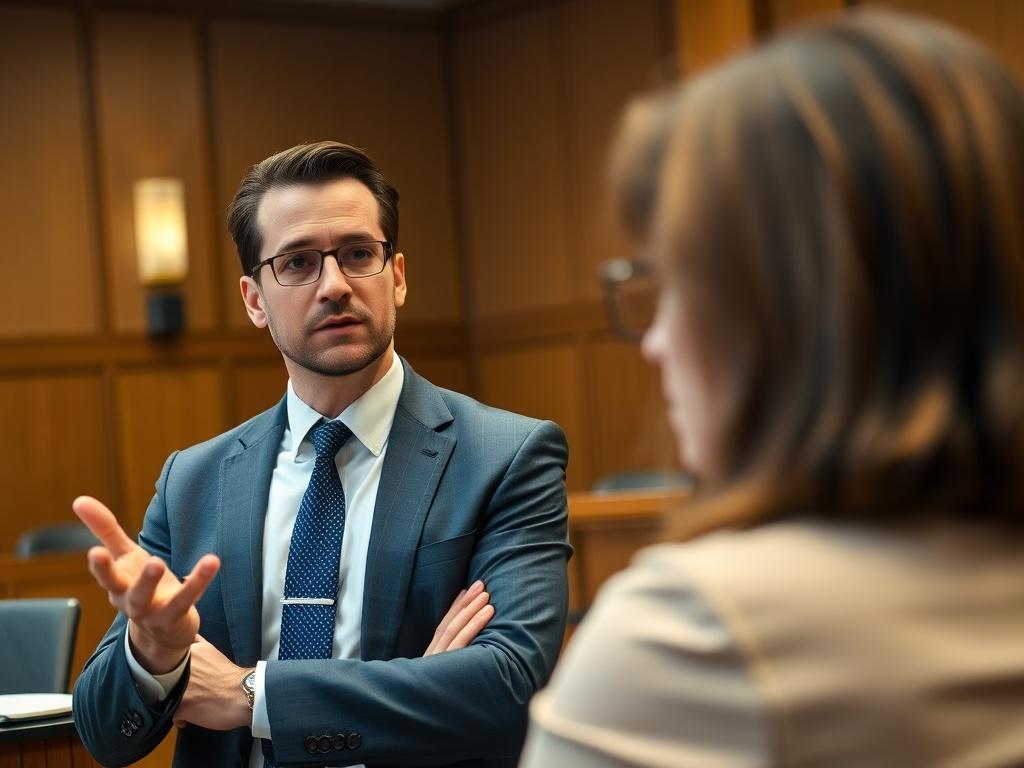 A courtroom scene with a confident case manager presenting in front of a judge, with clear focus on the expressions of the judge and case manager, captured in a hyper-realistic style.
