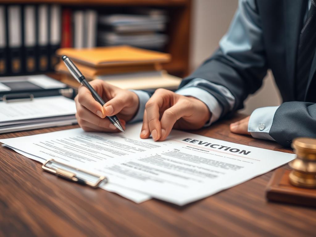 A focused close-up shot of a case manager reviewing eviction documents on a desk, with a pen in hand, against a backdrop of organized files and legal books, captured in hyper-realistic detail.