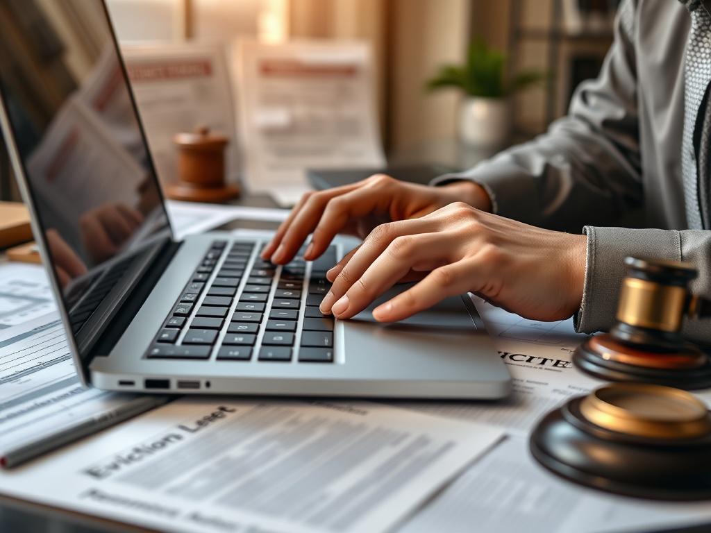 A close-up shot of hands typing on a laptop, surrounded by eviction paperwork and legal references, capturing a professional and focused ambiance, rendered in hyper-realistic quality.