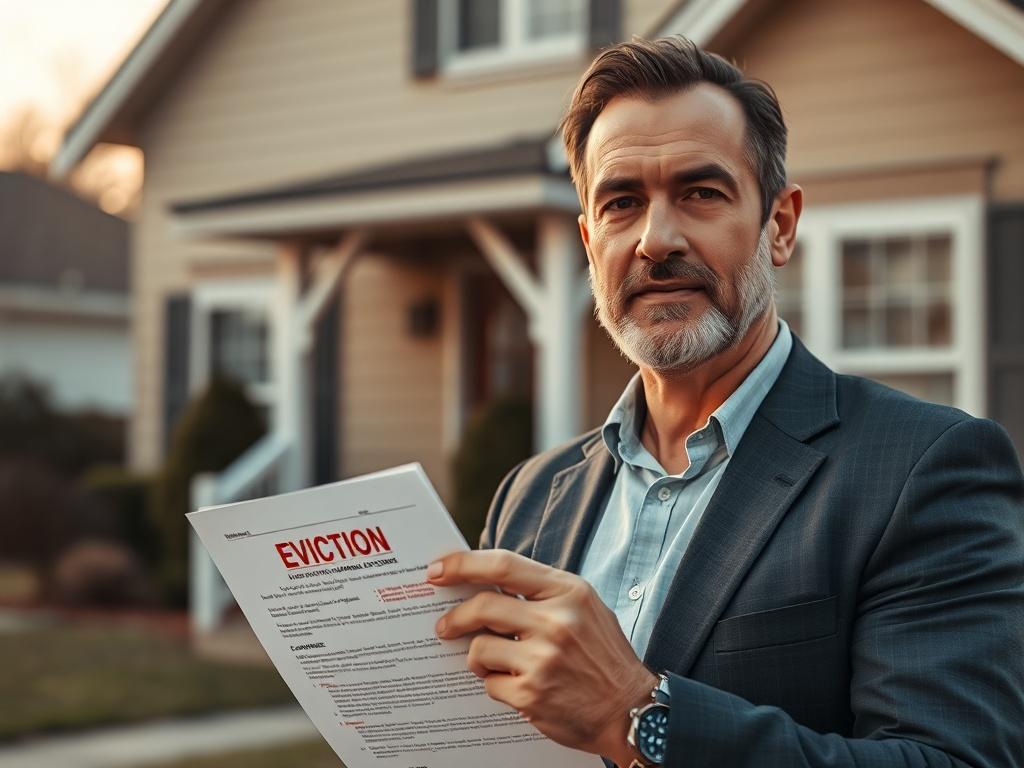 A close-up shot of a confident landlord standing in front of a rental property, holding eviction documents. The landlord has a focused expression, symbolizing professionalism and determination. The background features a well-maintained property, showcasing the essence of successful property management. The lighting is warm and inviting, highlighting the landlord's commitment to their role. The image should be hyper-realistic, shot with a 45mm f/1.2 lens.
