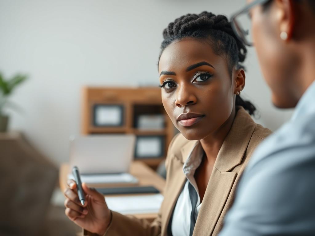 A close-up shot of a professional-looking individual in an office setting, engaged in a discussion with a landlord. The subject has an attentive expression, showing a blend of empathy and expertise. The background features a well-organized desk with eviction documents and a laptop, emphasizing the serious nature of the eviction process. The lighting is bright and inviting, enhancing the professionalism of the scene. The overall color scheme should complement the primary color rgb(233, 116, 36).