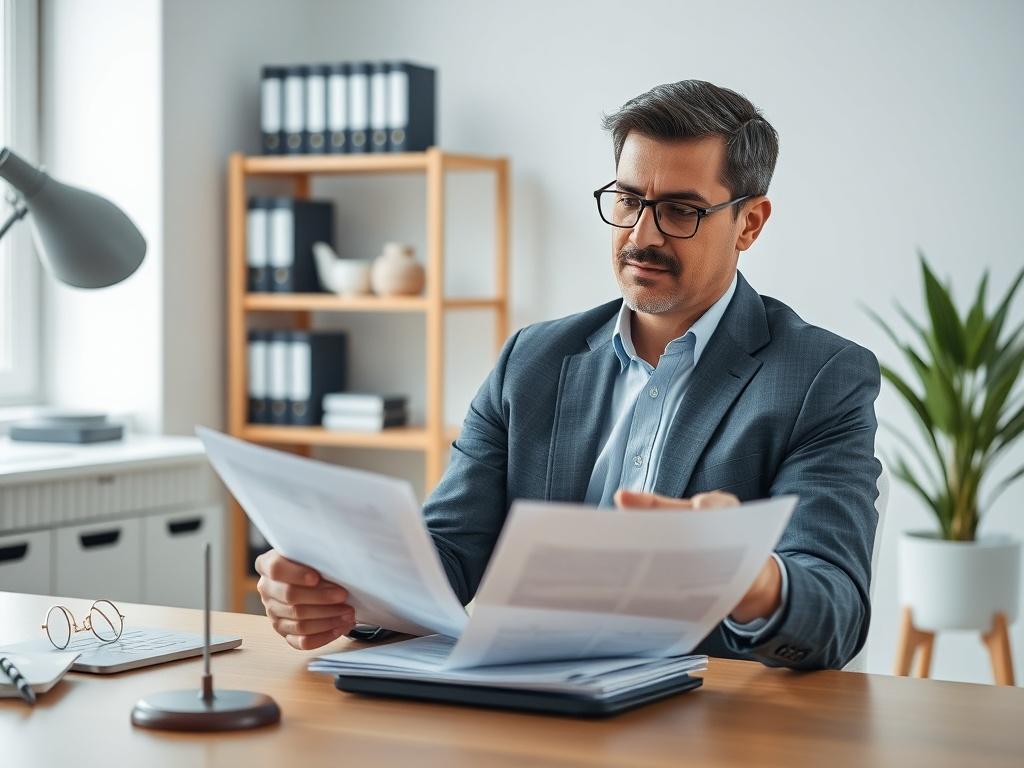 Create a realistic high-resolution photo featuring a thoughtful, professional-looking landlord sitting at a modern desk in a well-lit office. The landlord, a middle-aged individual of diverse ethnicity, is reviewing a stack of legal documents regarding the eviction process. The focus should be on the landlord, captured in a close-up shot with a 45mm f/1.2 lens style, showcasing their intense concentration and commitment to understanding the complexities of eviction. 

In the background, keep the office envi