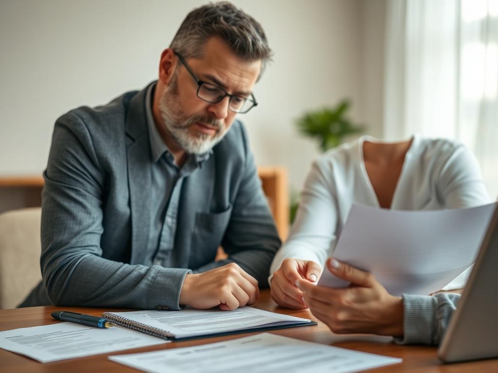 A close-up shot of a landlord and a consultant discussing eviction strategies over a table, with paperwork spread out. The scene conveys collaboration and support, with a warm lighting effect highlighting both individuals' engaged expressions, captured with a 45mm f/1.2 lens.
