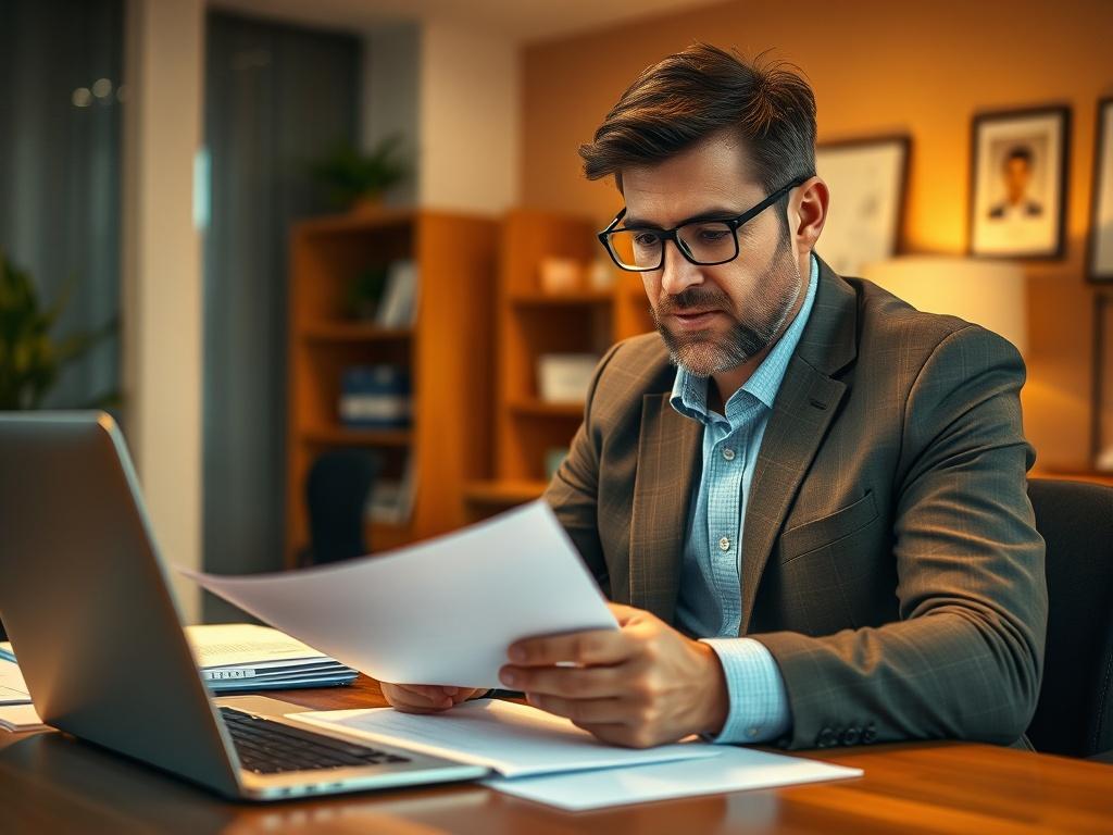 A close-up shot of a confident landlord reviewing eviction documents, sitting at a desk with a laptop open. The background is a well-organized office space, showcasing a calm and professional atmosphere. The lighting is warm and inviting, highlighting the landlord's focused expression, captured with a 45mm f/1.2 lens.