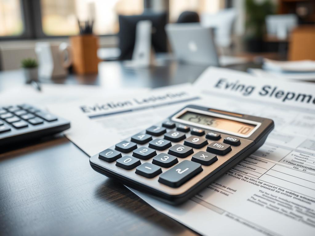 A close-up shot of a calculator and eviction paperwork on a desk, symbolizing cost-effective solutions. The scene is well-lit, with a focus on the calculator's display showing a low amount, conveying financial savings. The background features a blurred office environment, captured with a 45mm f/1.2 lens.