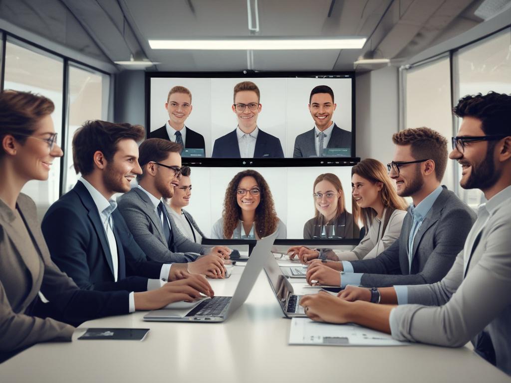A captivating close-up shot of a diverse group of professionals participating in a virtual meeting, with expressions of enthusiasm and engagement. The participants should be shown on individual screens, with vibrant visuals and data charts in the background. The image should reflect a sense of community and collaboration, with a modern, tech-savvy atmosphere.