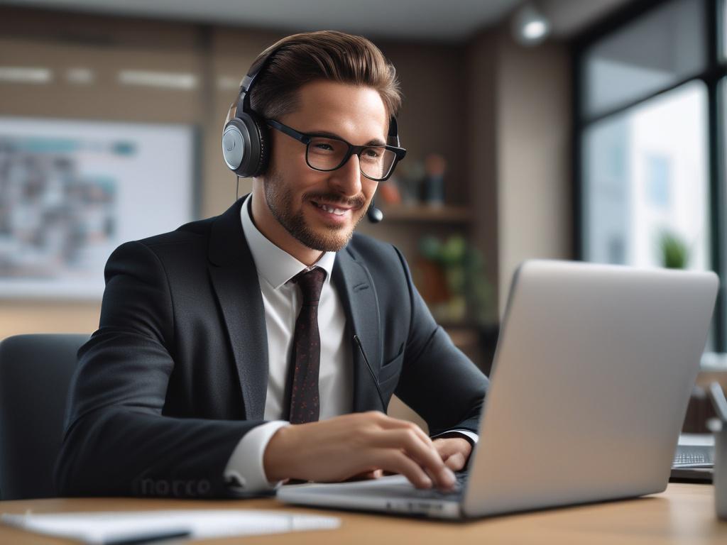 realistic high-resolution close-up of a professional consultant engaging in a Zoom conference call, warm and inviting office background, focus on the individual with a laptop and AI analytics on the screen, shot with a 45mm f/1.2 lens, RGB color scheme with navy blue accents