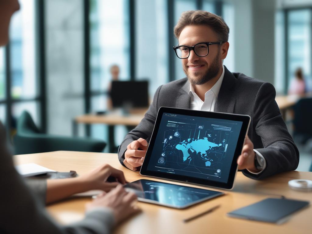 A professional consultant discussing generative AI strategies with a client in a modern office setting. The focus is on the consultant, who is holding a tablet showing AI analytics, with a blurred background of a sleek, well-lit office environment. The image should convey a sense of collaboration and innovation, shot with a 45mm f/1.2 lens to create a hyper-realistic close-up.