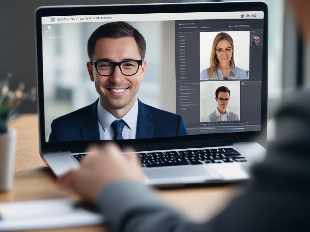 A close-up shot of a professional business consultant engaged in a virtual meeting on Zoom, with a laptop open showing data analytics. The background is blurred, focusing on the consultant's expression of enthusiasm and engagement. The color scheme features deep blue tones compatible with rgb(23, 50, 108). The image is hyper-realistic, shot with a 45mm f/1.2 lens style.