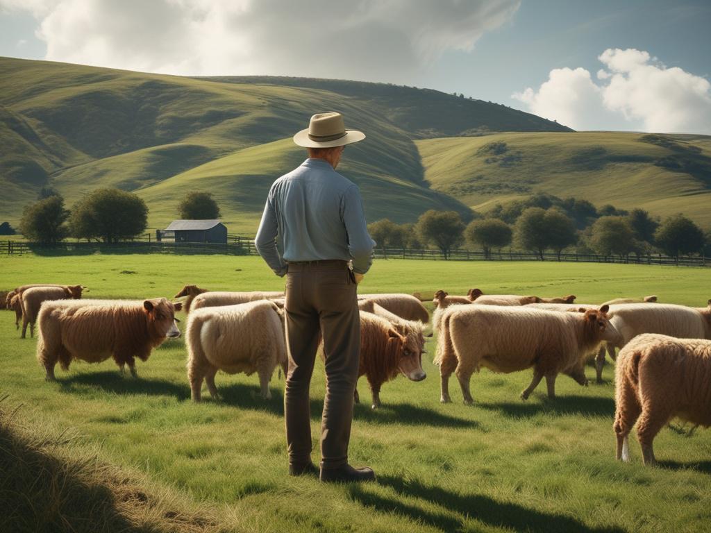 a high resolution image of a farmer inspecting healthy livestock