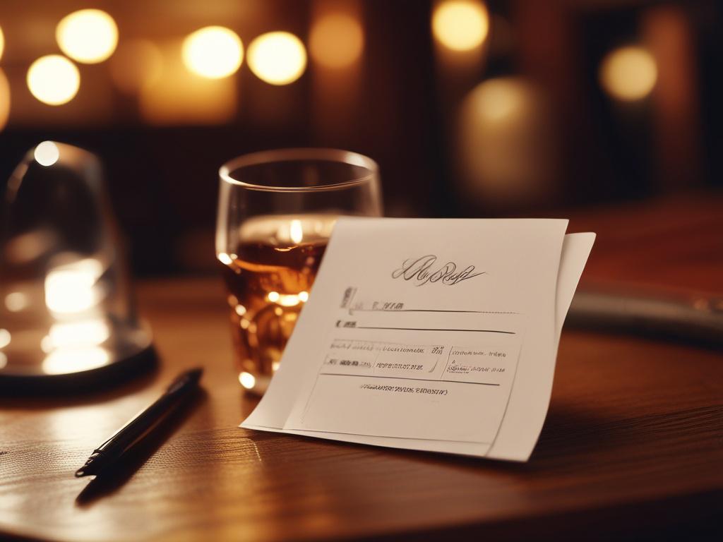 a close-up of an RSVP form on a table, with a bourbon glass and pen beside it, warm lighting, focus on the form details, inviting atmosphere