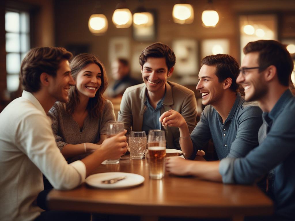 an inviting scene of people gathered around a table, sharing drinks and laughter, soft lighting, focus on interactions, warm and friendly ambiance
