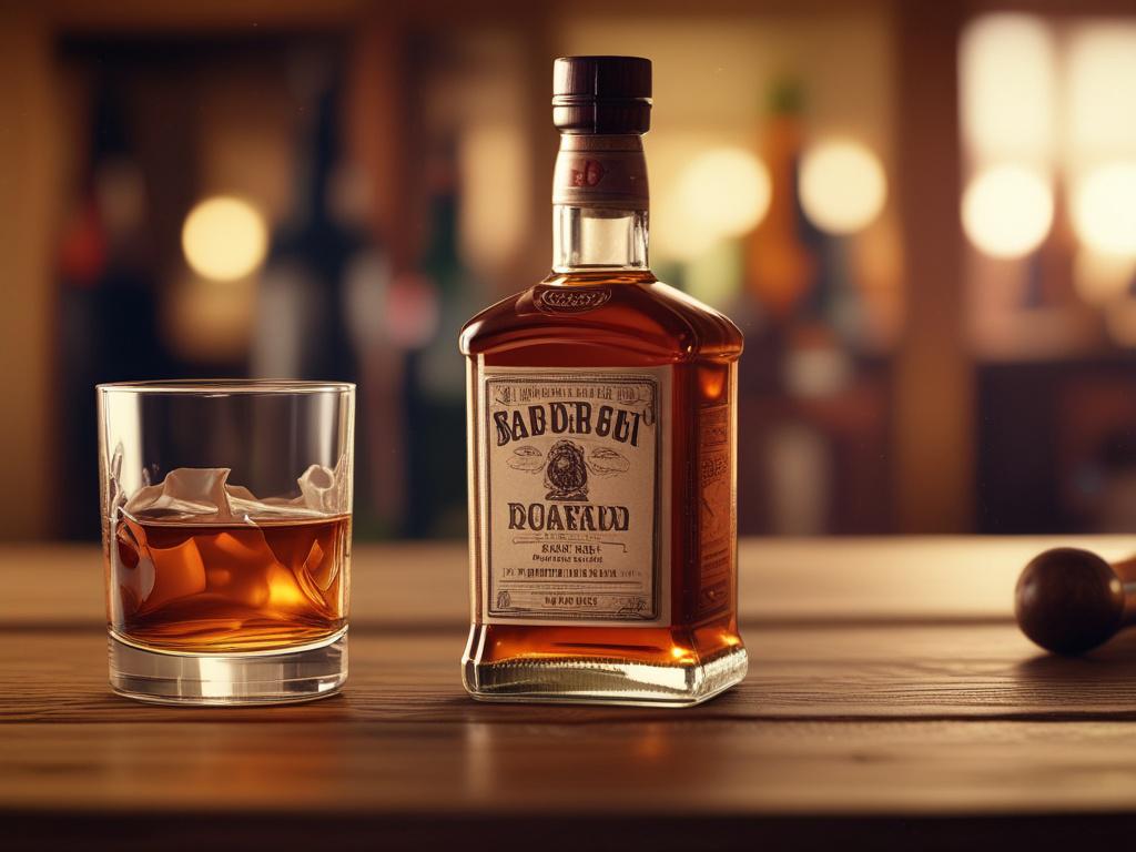 a close-up of a bourbon bottle with a glass beside it, set on a rustic wooden table, warm lighting, focus on the bottle's label, shallow depth of field