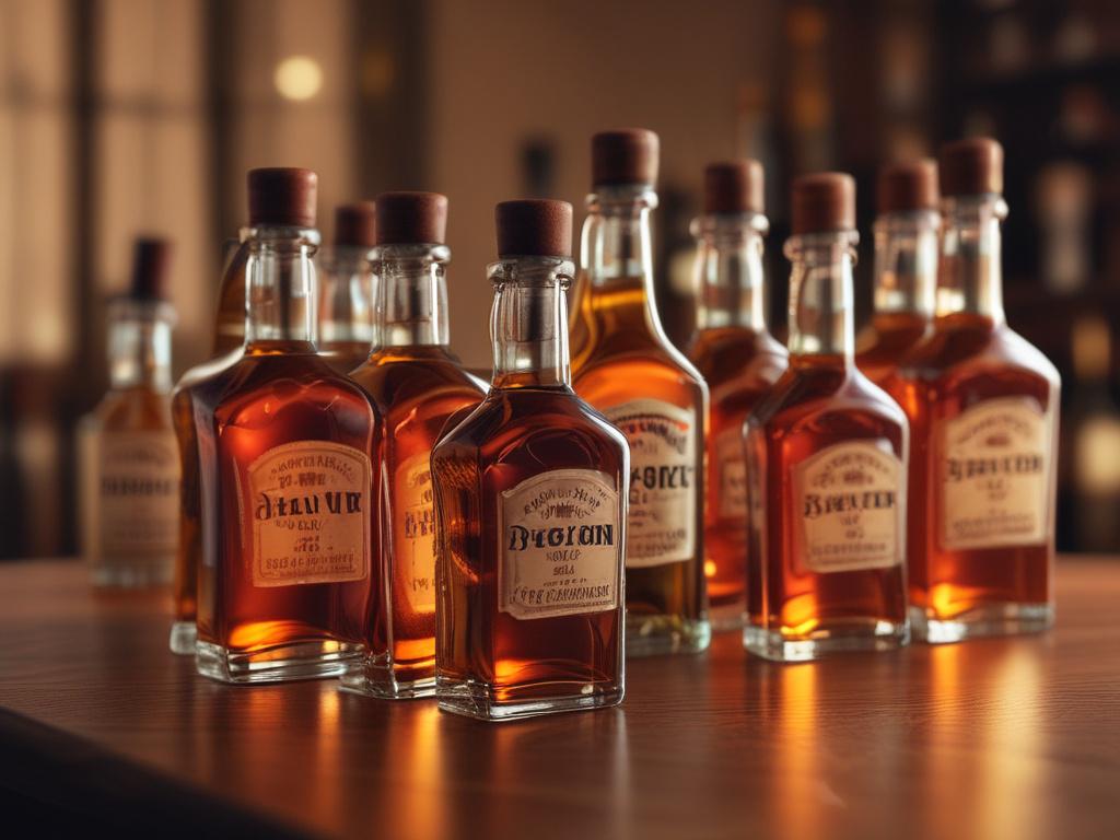 close up of bourbon bottles arranged on a wooden table,