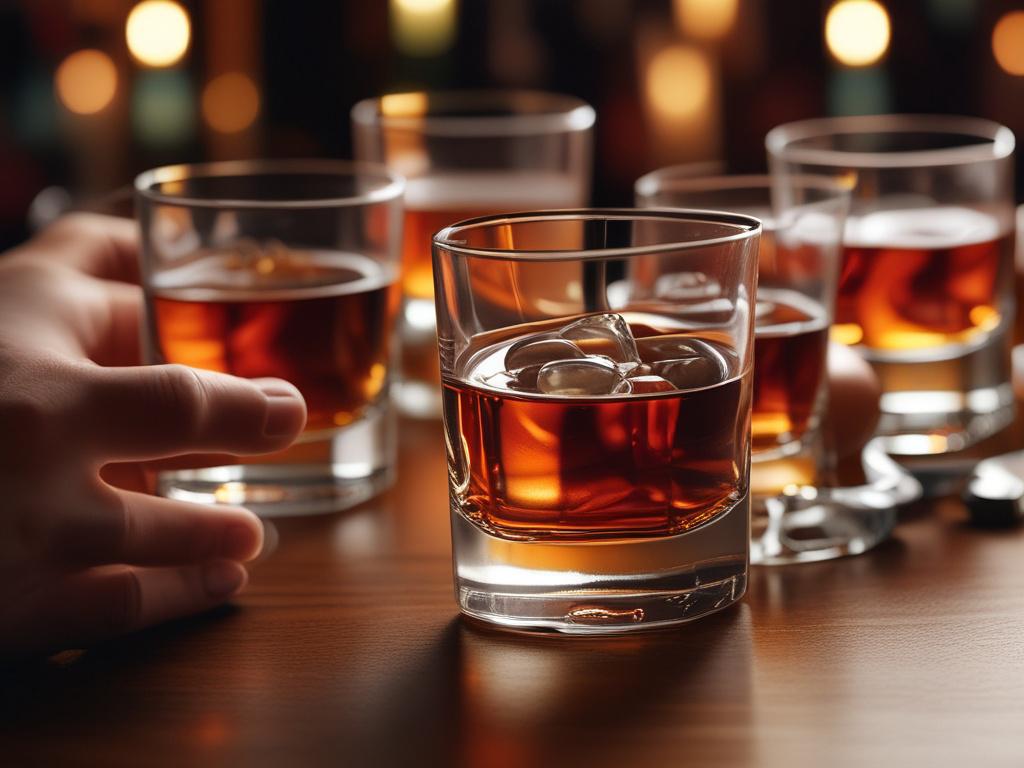 a close up shot of clinking bourbon glasses, capturing the