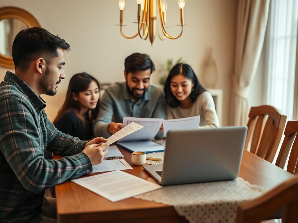 A family gathered around a dining table, discussing financial plans