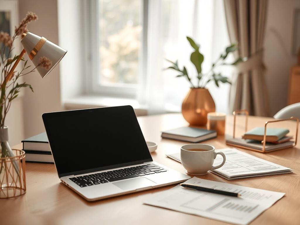 A minimalistic workspace featuring a stylish desk with a laptop,