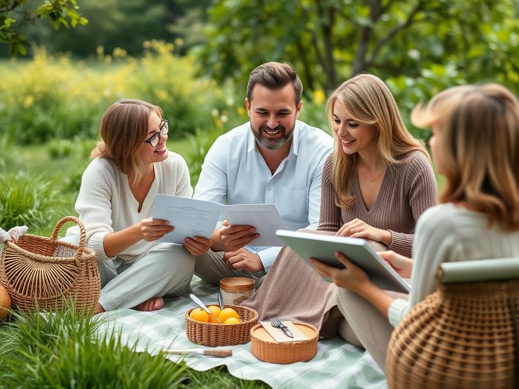 A serene outdoor setting where a family is having a